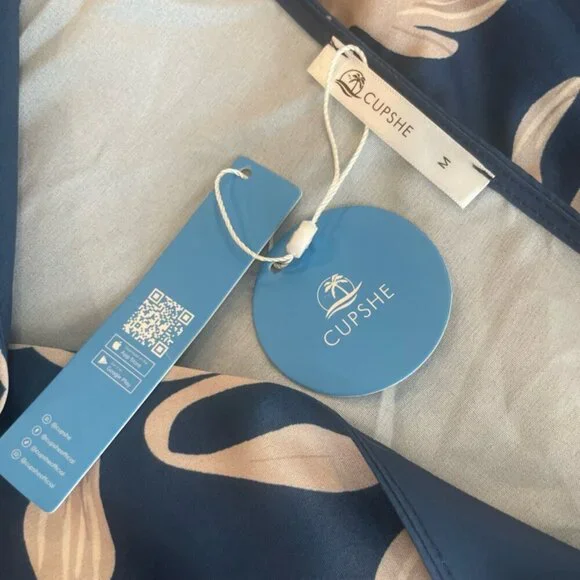 CUPSHE DRESS OVERSIZED SZ M FLARED SLEEVES NAVY BLUE TAN BEACHY CHIC SUMMER - Picture 9 of 16